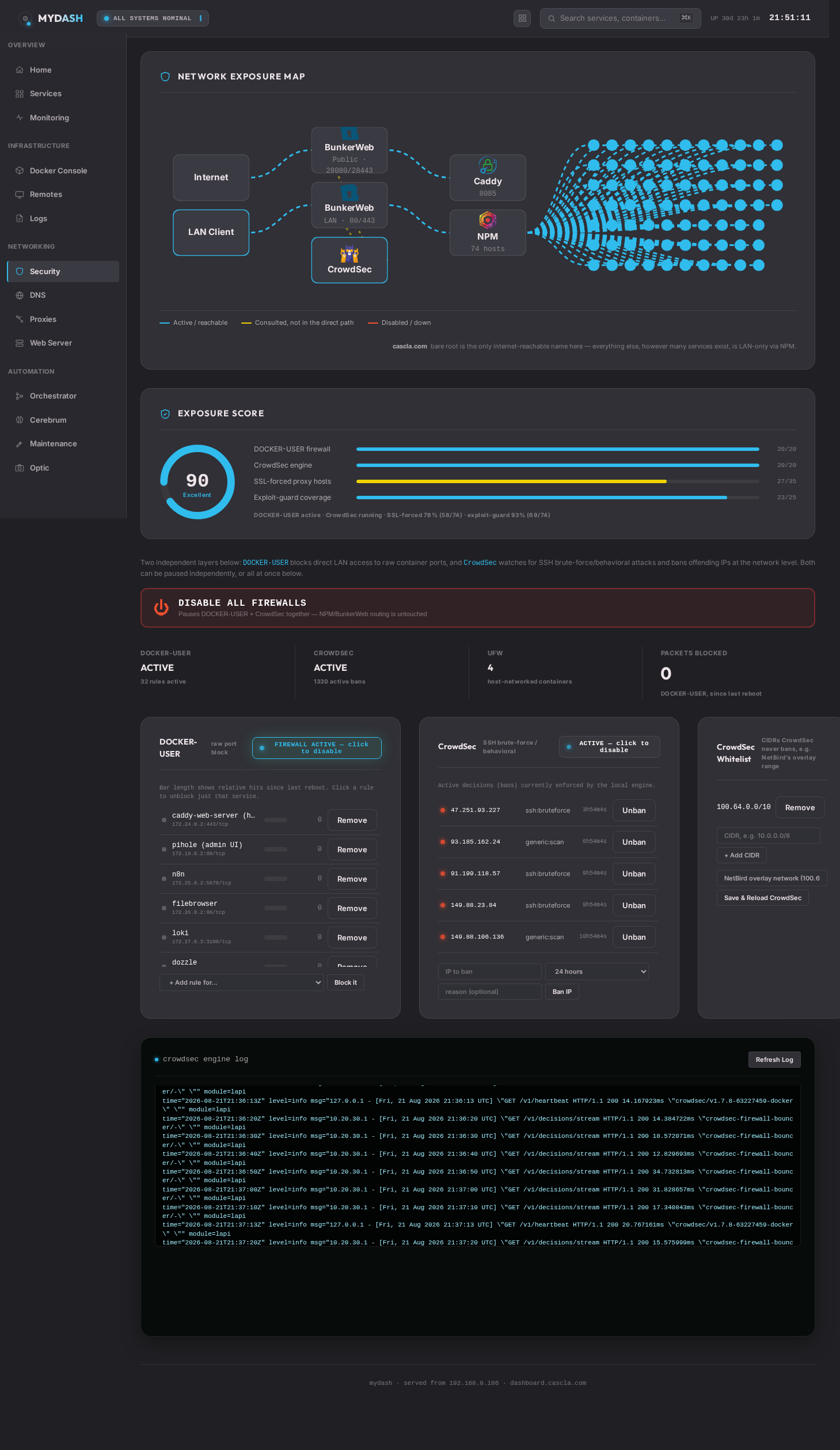 Security panel — CrowdSec, firewall rules, kill-all